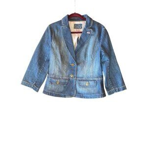 Vintage Karen Millen UK16/US12 Vintage Denim BlazerJacket Logo Cropped Distress